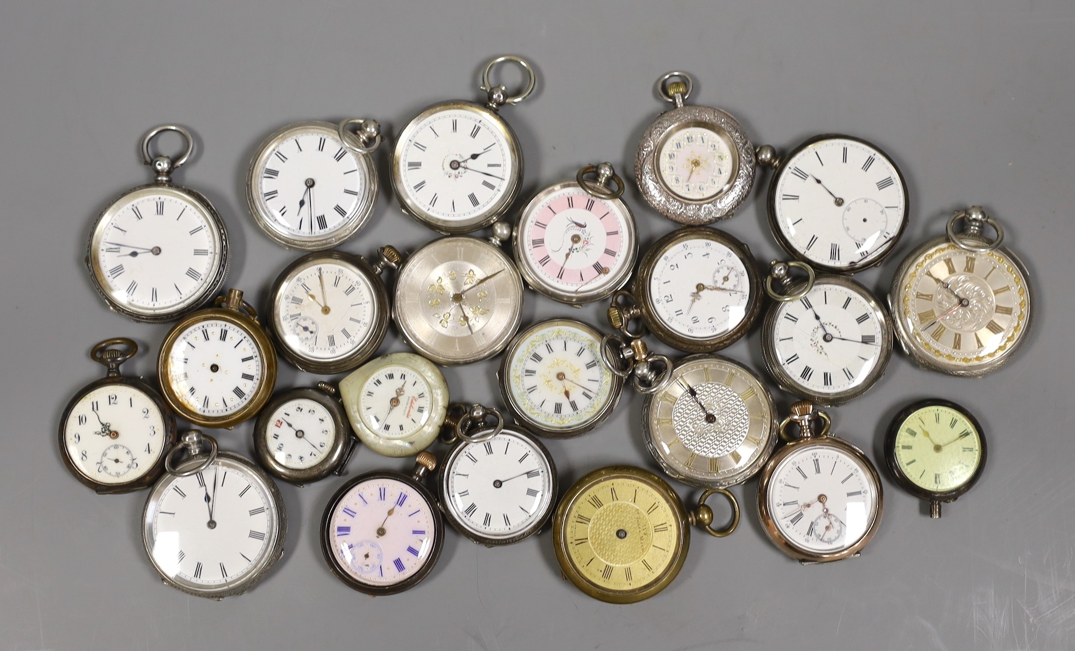 A collection of twenty five assorted mainly silver or white metal cased fob watches including Swiss, three gilt metal and one mother of pearl